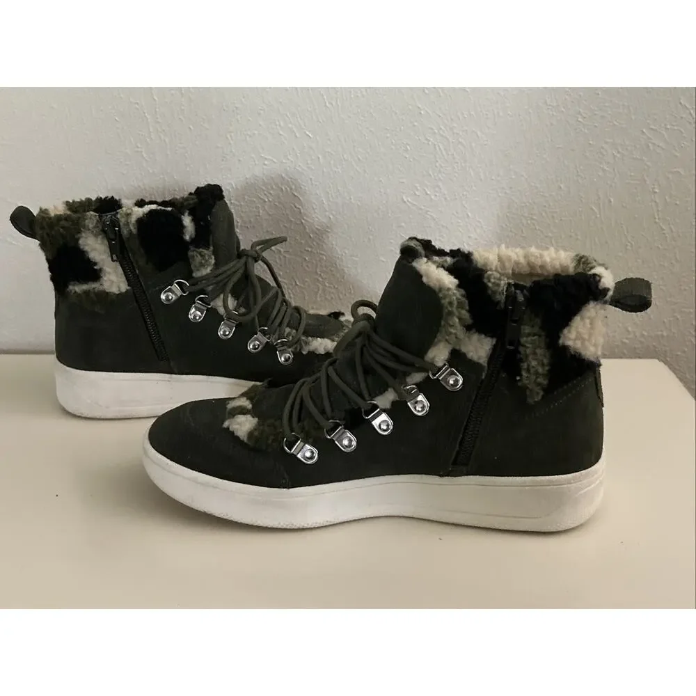 Steve Madden Leather Hi-Top Women 7M Debora Green Suede Camo Sherpa Zip Sneaker - Picture 6 of 9